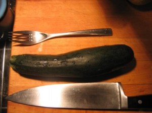 <I>Standard dinner fork, standard chef's knife, for scale.</i>