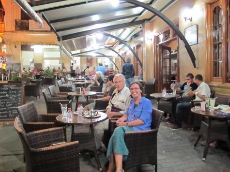 My dad sat down here and said sardonically, "Ah, mint tea again at Cafe Central in Tangier. I can die a happy man." Then the waiter told me he loved the delicious ladies. Just another typical travel day. 